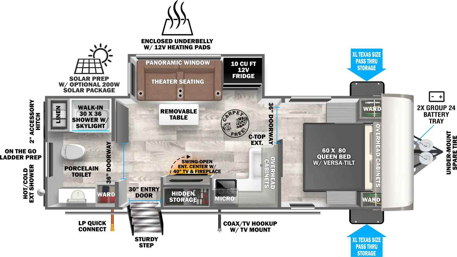 The Hemisphere Travel Trailers 22RBHL has one entry and one slide out. Exterior features include: fiberglass exterior. Interiors features include: front bedroom and rear bathroom.